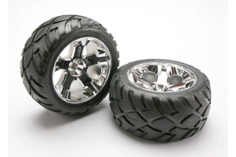Tires - wheels, assembled, glued (All-Star chrome wheels, Anaconda tires, foam inserts) (nitro rear/