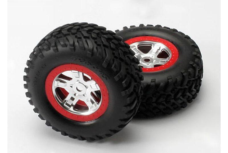 Tires - wheels, assembled, glued (SCT, satin chrome wheels, red beadlock (dual profile 2.2-#34  oute