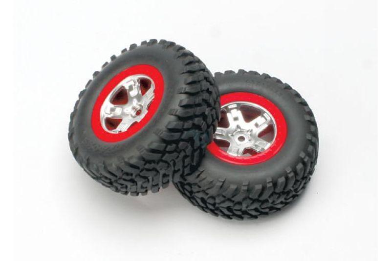 Tires - wheels, assembled, glued (SCT satin chrome wheels, red beadlock (dual profile 2.2-#34  outer