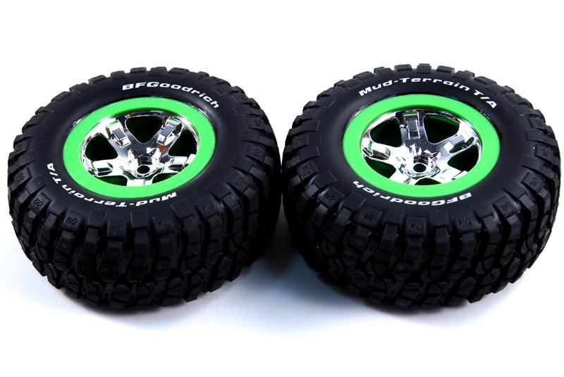 Tires - wheels, assembled, glued (4WD front/rear, 2WD rear only) (SCT, chrome, green beadlock wheel,