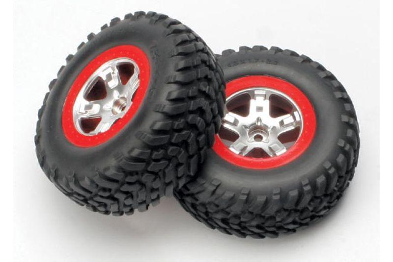 Tires - wheels, assembled, glued (SCT satin chrome wheels, red beadlock  (dual profile 2.2-#34  oute