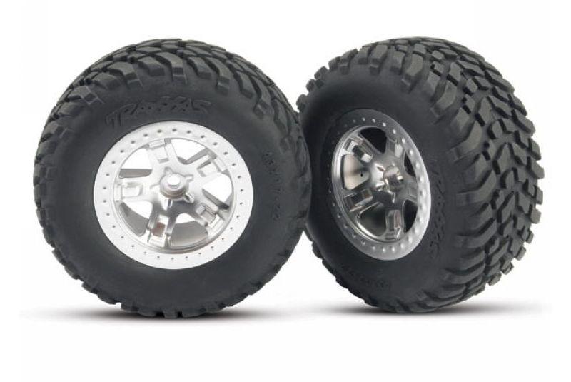 Tires - wheels, assembled, glued (SCTsatin chrome wheels, (dual profile 2.2-#34  outer 3.0-#34  inne