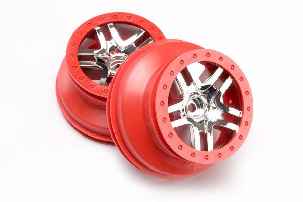 Wheels, SCT Split-Spoke, chrome, red beadlock style, dual profile (2.2'' outer 3.0'' inner) (2WD fr