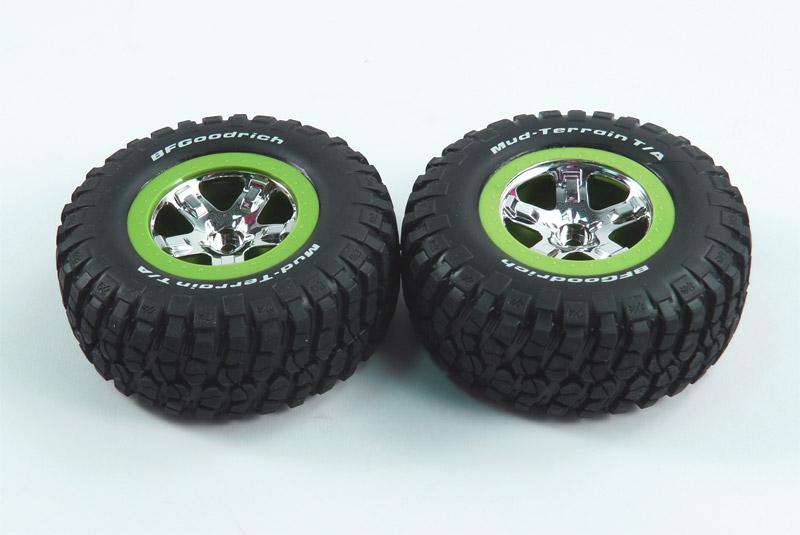 Tires - wheels, assembled, glued (SCT, chrome, green beadlock wheel, BFGoodrich® Mud-Terrain™ T/A® K