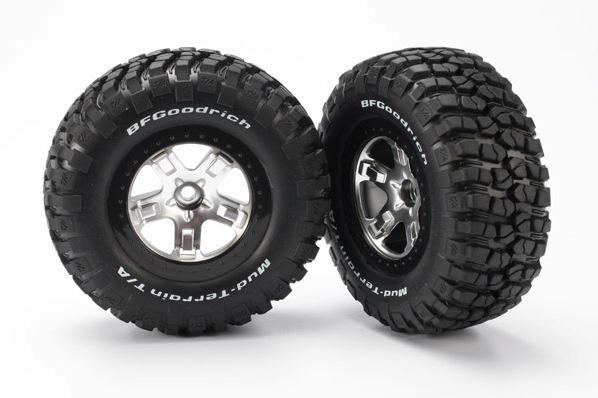 Tires - wheels, assembled, glued (2WD front) (SCT satin chrome, black beadlock style wheels, BFGoodr